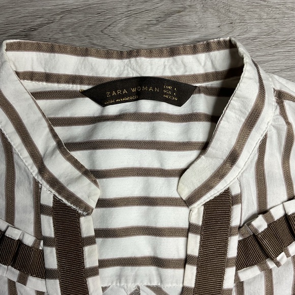 Zara‎ Blouse Women's Large Brown Striped V-neck Short Sleeve Button Up Blouse - Picture 2 of 8